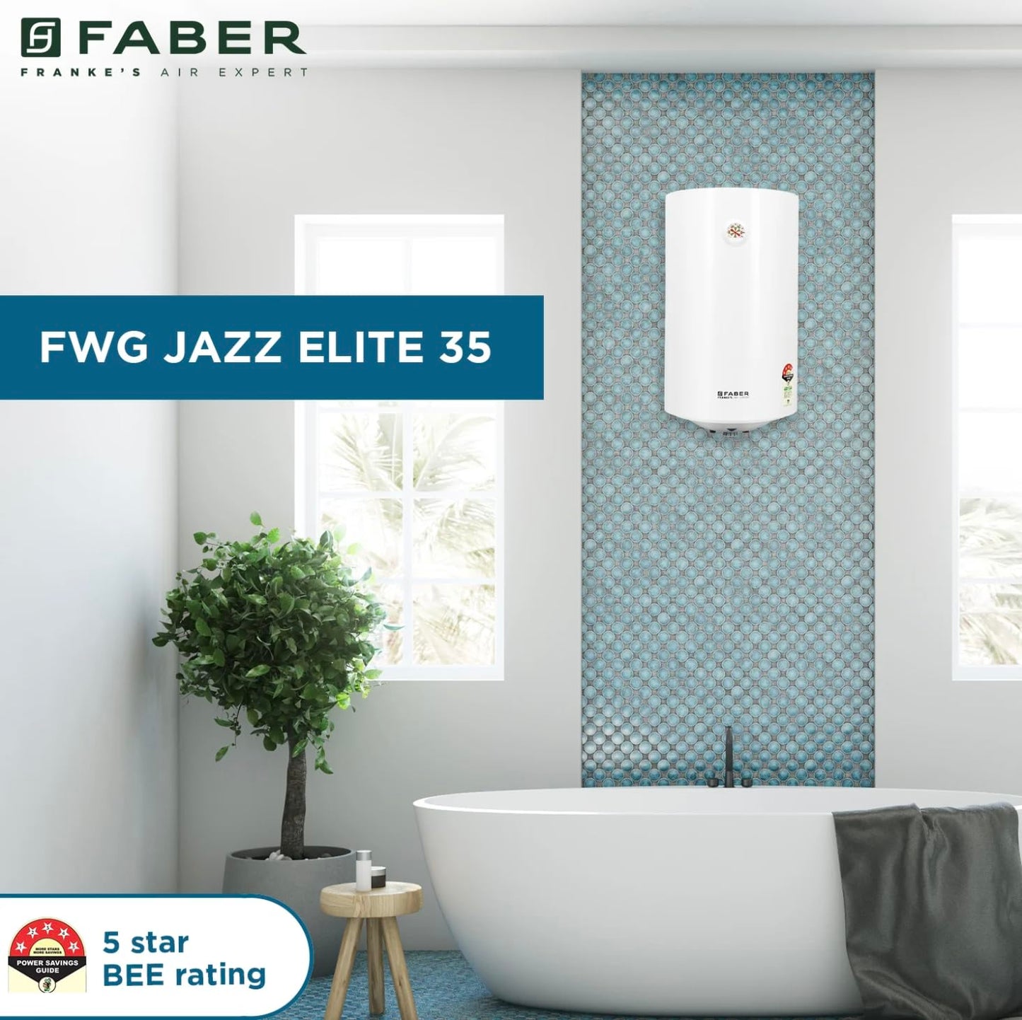 Faber Jazz Elite 35L Vertical Storage Water Geyser | Heating Indicator, 8 Bar Pressure, Titanium Glassline Coated Tank, Temperature Control, MFV Safety Valve, Thermal Cut-Off | 2000W, 4 Star | (White)