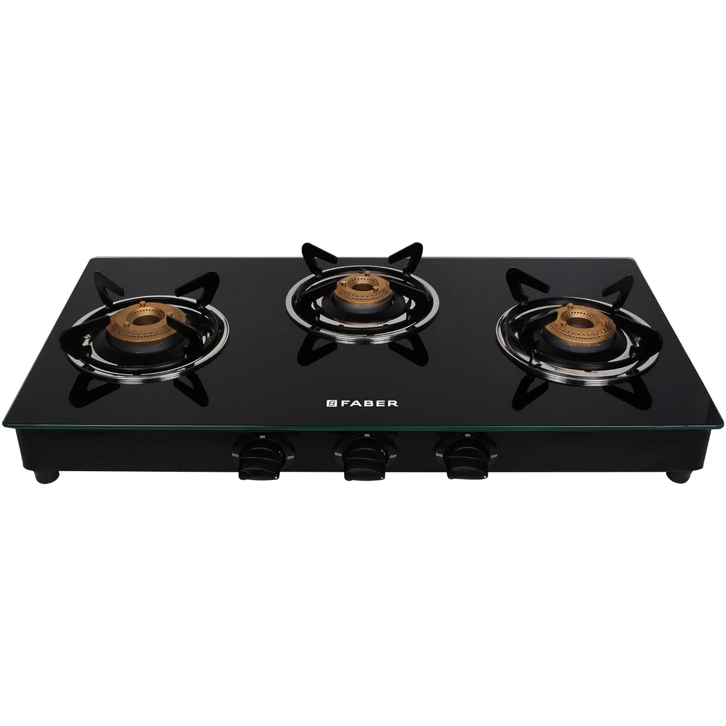 Faber Glass Top 3 Burner Gas Stove with Round Pan Support (Hob Cooktop Marvel 3BB BK),2 Medium & 1Small,Manual Ignition, Black