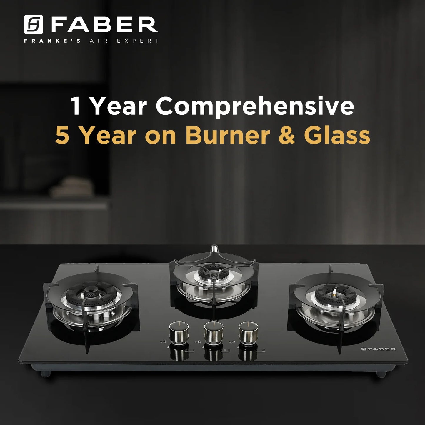 Faber Hob 3 Burner | Auto-Ignition | Spillage Proof | HOB SUPERIA HT763 BR AI | Concealed Chamber | Metal Knobs | Pan Support | Black Glass Finish |5 Yr Warranty on Burner & Glass | 1 Yr comprehensive