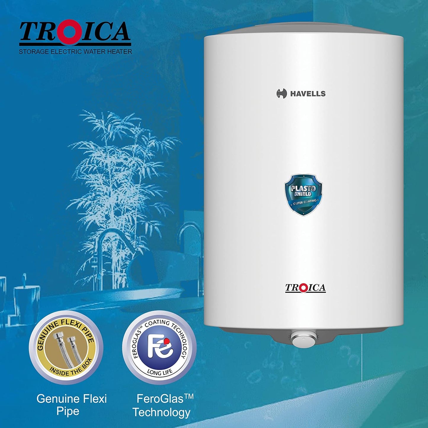 Havells Troica 15-Litre Vertical Storage Water Heater (Geyser) White Grey, 4 star