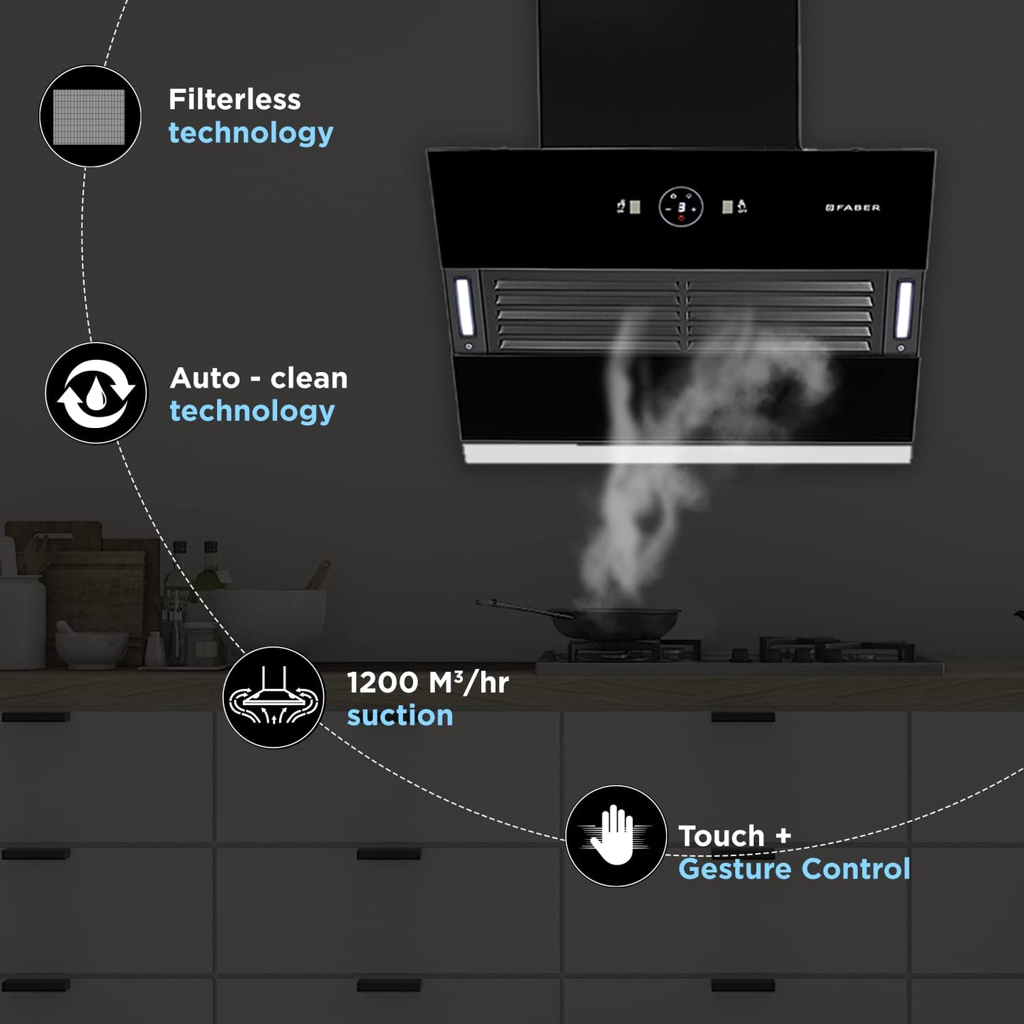 Faber 60 cm 1200 m3/hr Slant, Filterless Auto Clean Chimney, 12Yr Warranty on Motor(2Yr Comprehensive)|| Italian Design (HOOD VERTIGO FL SC AC BK 60, Touch & Gesture Control, Black)