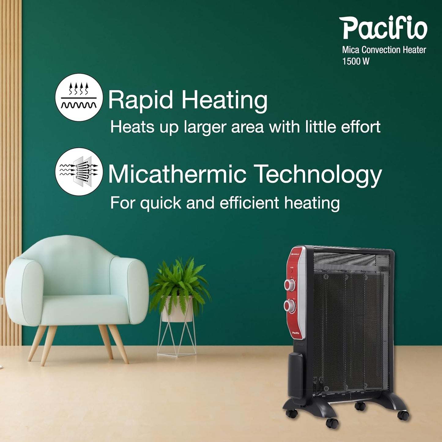 Havells Room Heater Pacifio Mica Convenction 1500 watt with Micathermic Technology & 2 Heat Setting (Black & Rose Gold)