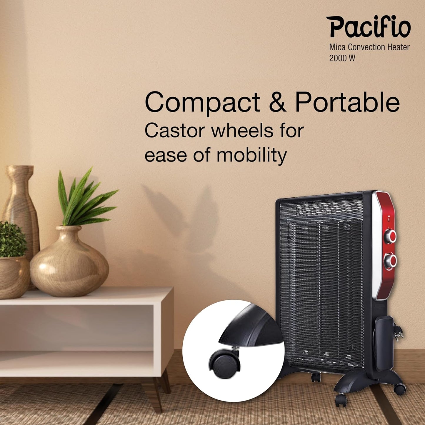 Havells Room Heater Pacifio Mica Convenction 2000 watt with Micathermic Technology & 2 Heat Setting (Black & Rose Gold)