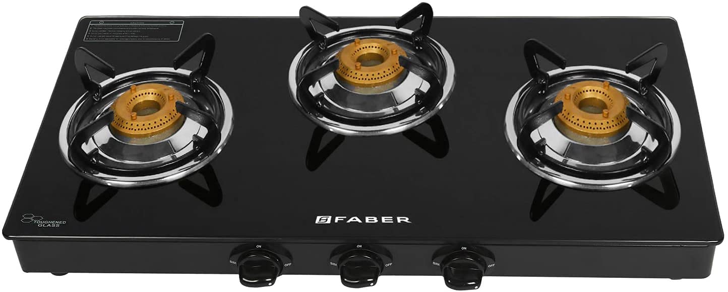 Faber Model: Hob Cooktop Shine 300 CT Gas Stove 3 Burner Glass Cooktop (Cooktop Shine 300 CT) Manual Ignition, Black, Medium