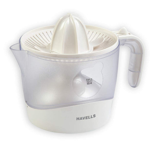 Havells Citrus Press 30 Watt (0.5 L) Juicer with 2 different sized pressing cones, Transparent dust cover lid, 2 two pulp filters & 2 year motor warranty (White)