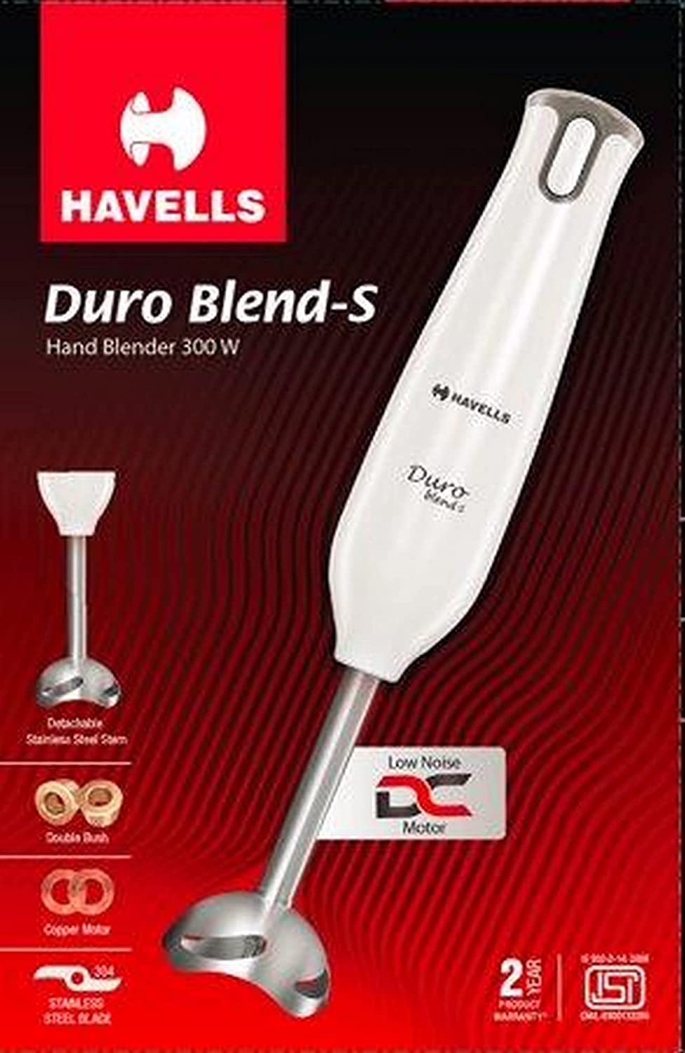 Havells Duro Blend - S Low Noise 300 watt Hand Blender with Detachable Stainless Steel Stem, Double Bush,Copper Motor & 2 Years Warranty