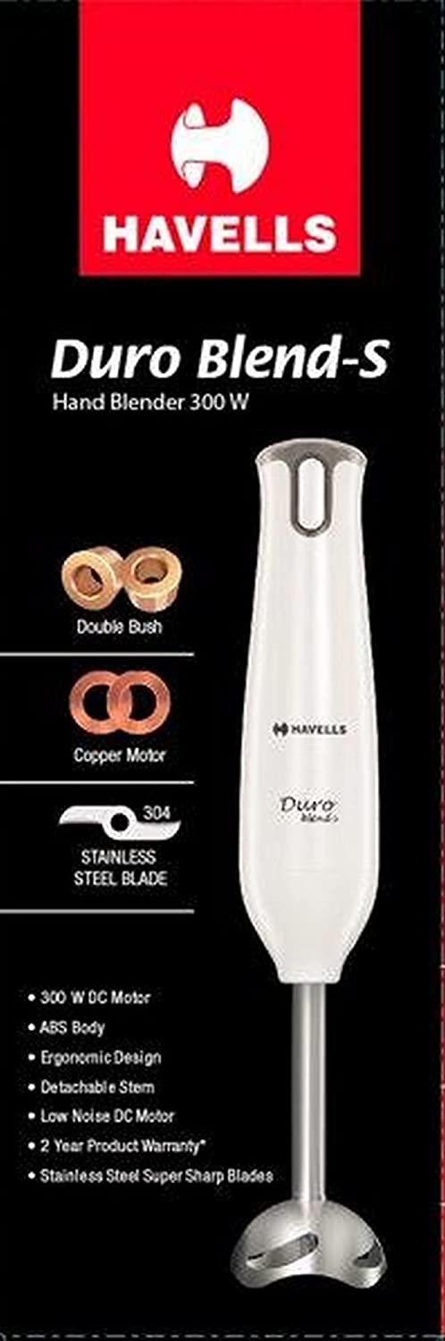 Havells Duro Blend - S Low Noise 300 watt Hand Blender with Detachable Stainless Steel Stem, Double Bush,Copper Motor & 2 Years Warranty