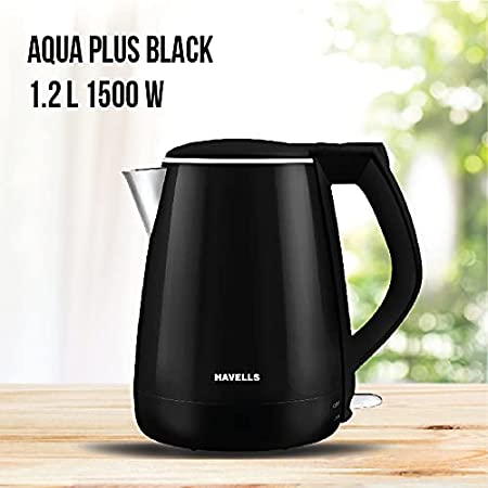 Havells Aqua Plus 1.2 litre Double Wall Kettle / 304 Stainless Steel Inner Body / Cool touch outer body / Wider mouth/ 2 Year warranty (Black, 1500 Watt)