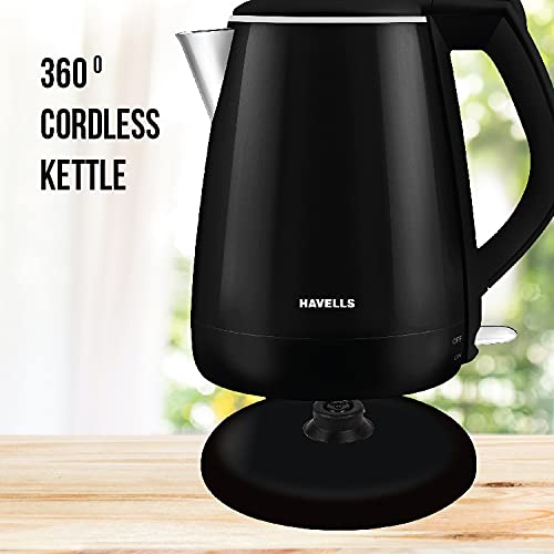 Havells Aqua Plus 1.2 litre Double Wall Kettle / 304 Stainless Steel Inner Body / Cool touch outer body / Wider mouth/ 2 Year warranty (Black, 1500 Watt)