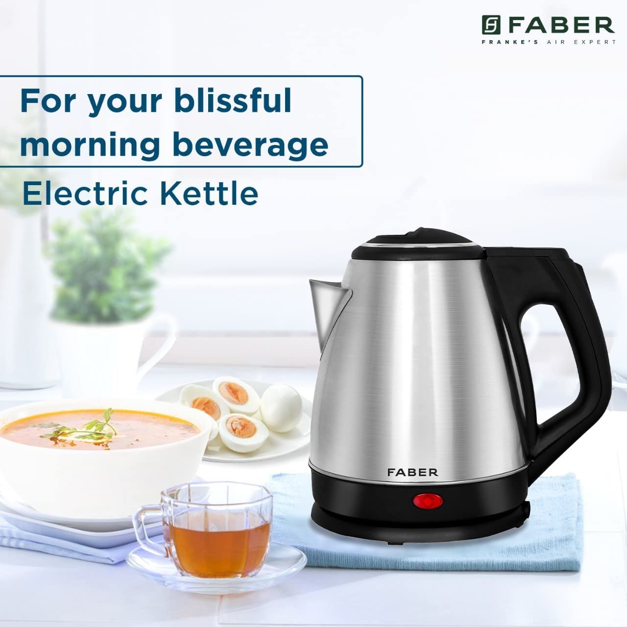 Faber Electric Kettle with Stainless Steel Body, FK 1.5 litres boiler for Water, SS, (FK 1.5L SS)