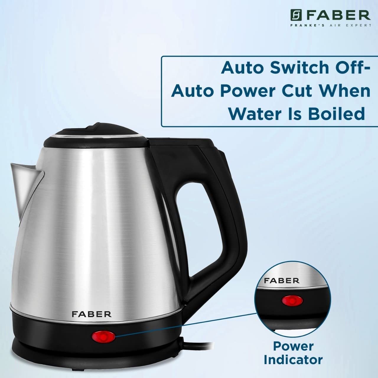 Faber Electric Kettle with Stainless Steel Body, FK 1.5 litres boiler for Water, SS, (FK 1.5L SS)