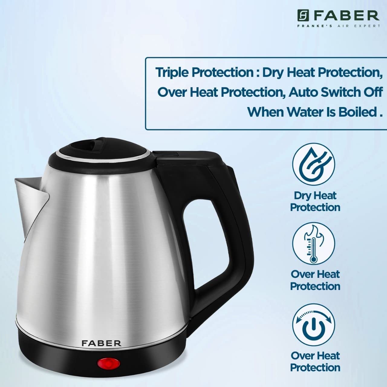 Faber Electric Kettle with Stainless Steel Body, FK 1.5 litres boiler for Water, SS, (FK 1.5L SS)