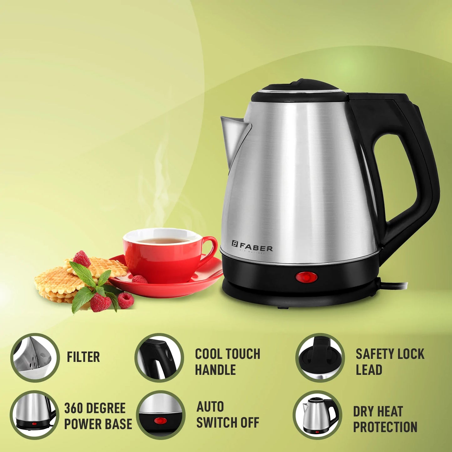 Faber Electric Kettle with Stainless Steel Body, FK 1.5 litres boiler for Water, SS, (FK 1.5L SS)