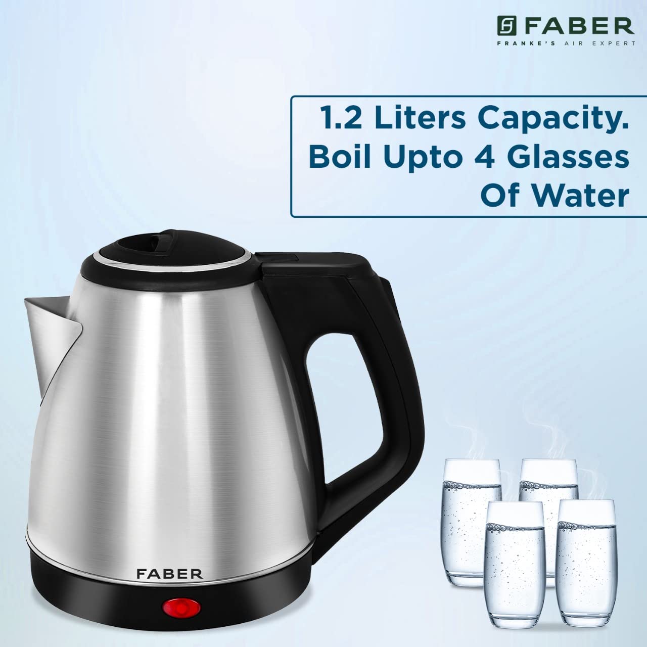 Faber Electric Kettle with Stainless Steel Body, FK 1.2 litres boiler for Water, SS, (FK 1.2L SS)