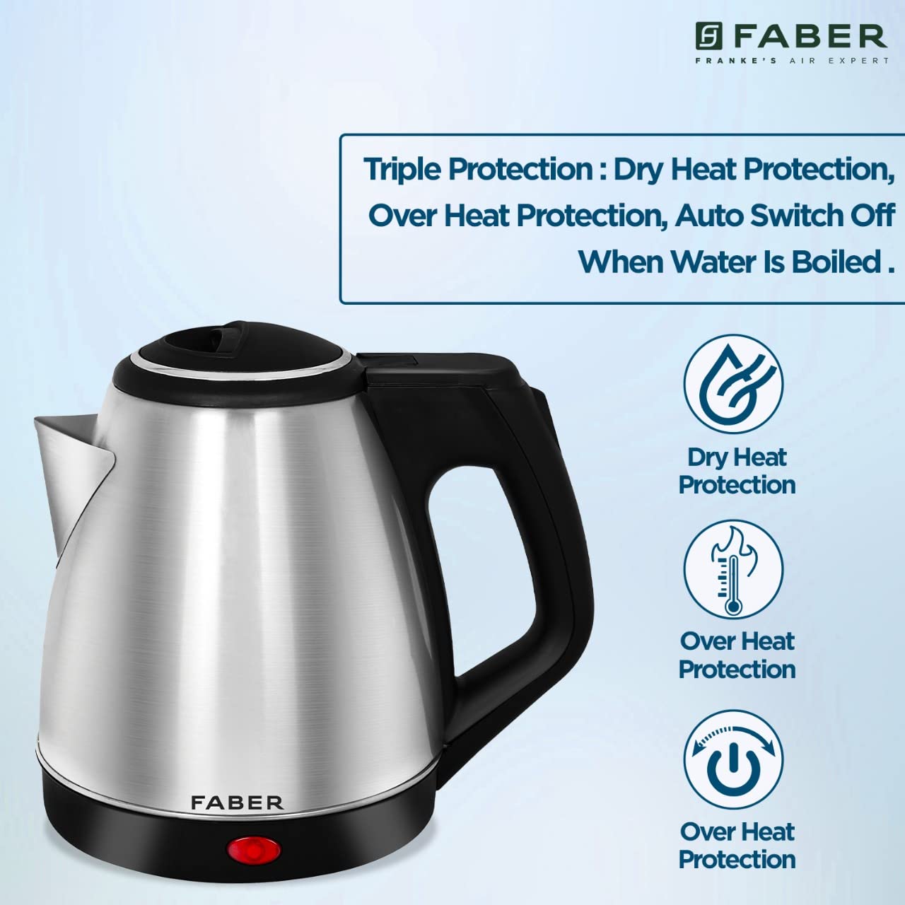 Faber Electric Kettle with Stainless Steel Body, FK 1.2 litres boiler for Water, SS, (FK 1.2L SS)