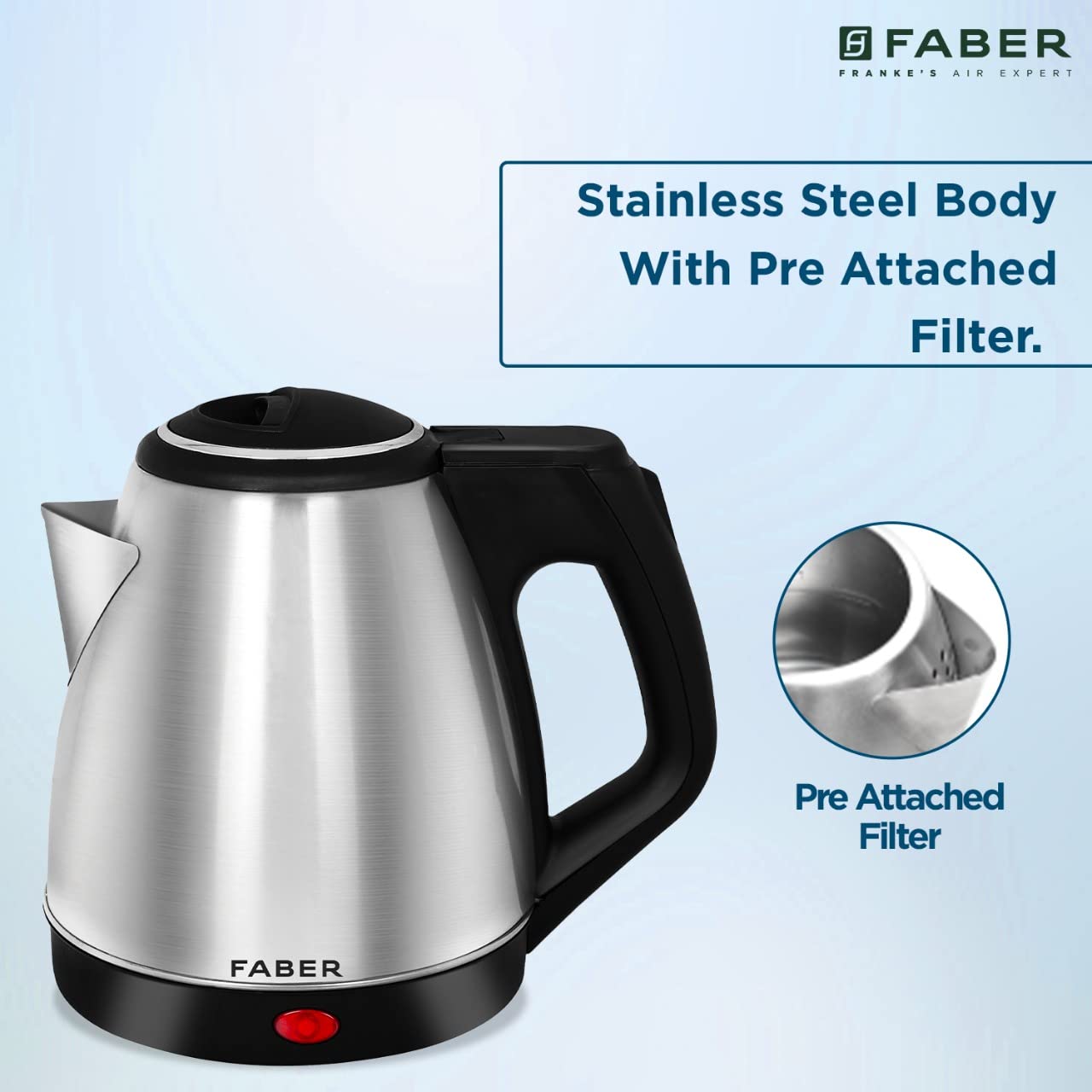 Faber Electric Kettle with Stainless Steel Body, FK 1.2 litres boiler for Water, SS, (FK 1.2L SS)