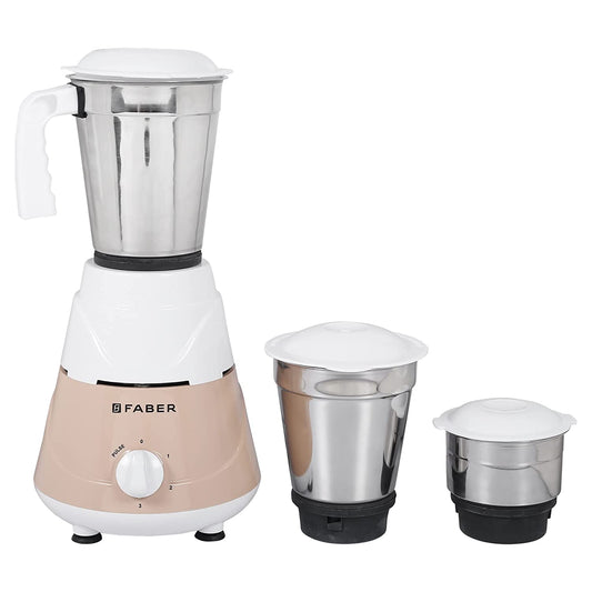 Faber Marvel 500W Blender Mixer Grinder, 3 SS clip lock jars and blades || low-noise copper motor, up to 18000 rpm speed || 2 year comprehensive warranty (FMG MARVEL 500W 3J PW) Peach White