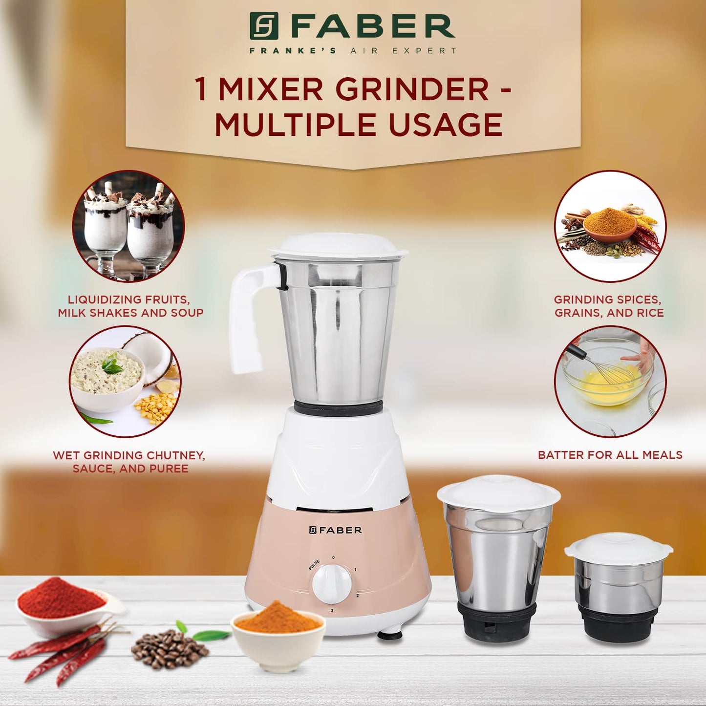 Faber Marvel 500W Blender Mixer Grinder, 3 SS clip lock jars and blades || low-noise copper motor, up to 18000 rpm speed || 2 year comprehensive warranty (FMG MARVEL 500W 3J PW) Peach White