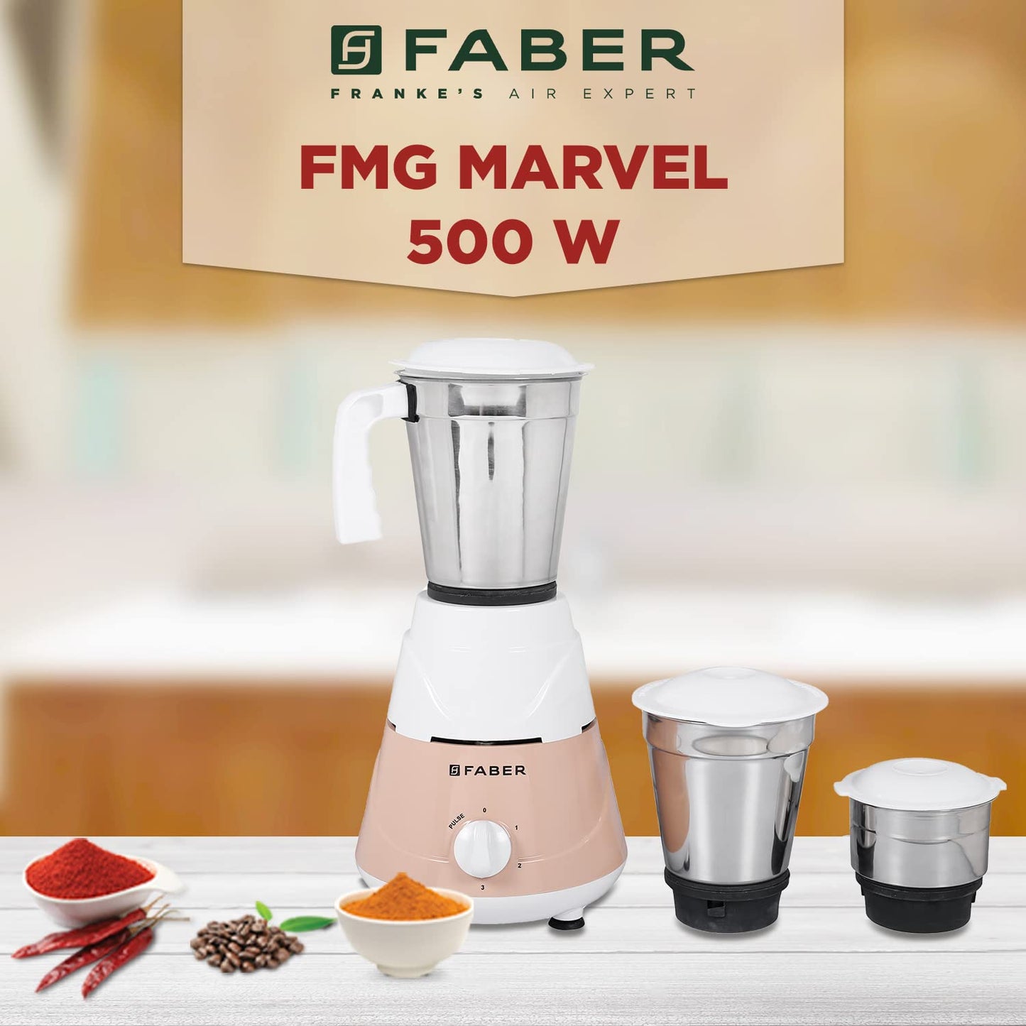 Faber Marvel 500W Blender Mixer Grinder, 3 SS clip lock jars and blades || low-noise copper motor, up to 18000 rpm speed || 2 year comprehensive warranty (FMG MARVEL 500W 3J PW) Peach White