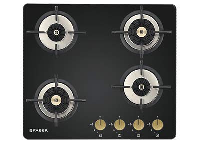 Faber Hob/Hobtop 4 Brass Burner Auto Electric Ignition Glass and Mild Steel Top (Maxus HT604 CRS BR CI AI) Black