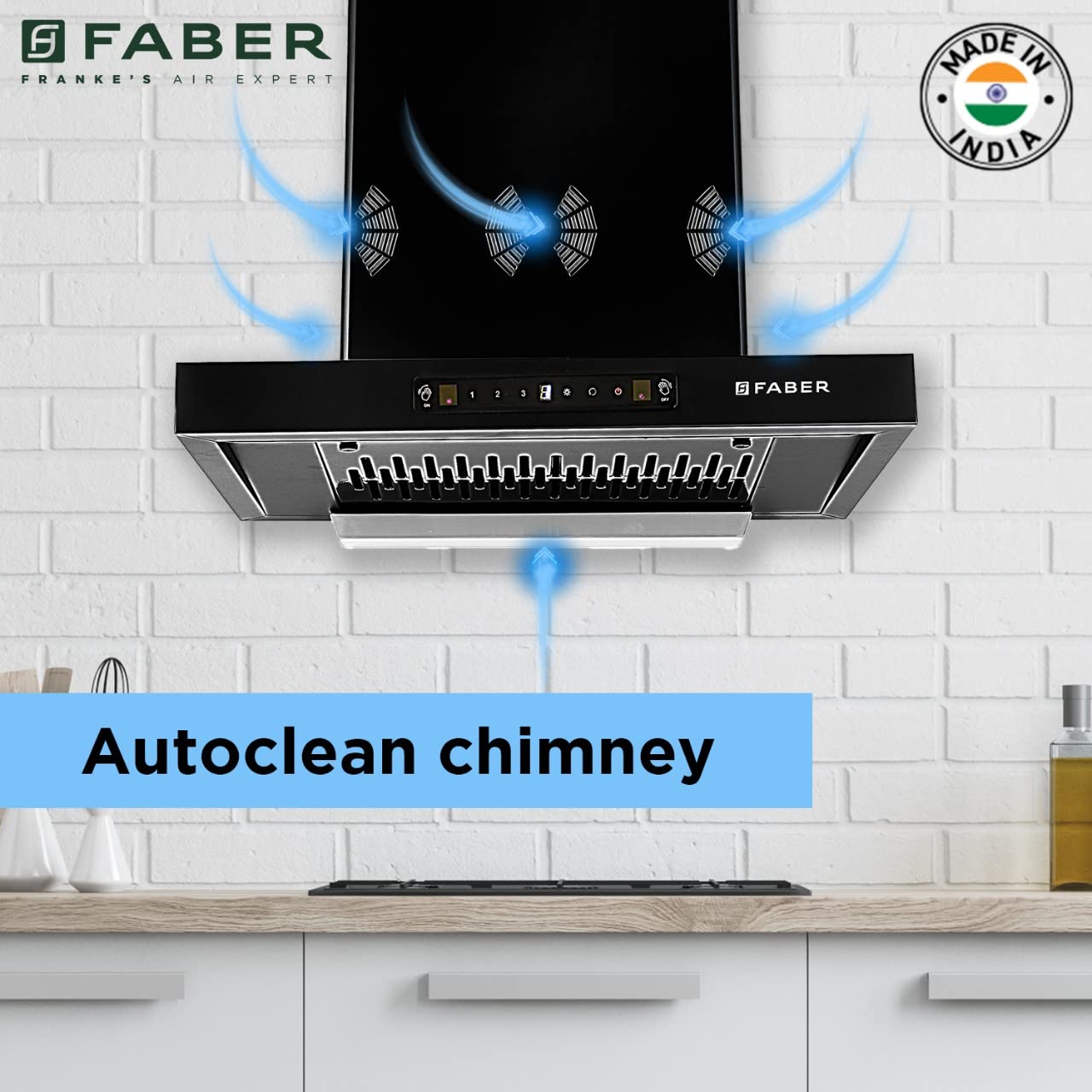 Faber 60 cm 6 way Silent Suction,1250 m³/hr Auto-Clean Kitchen Chimney (HOOD BONITO 3D IND HC SC FL BK 60, Filterless technology, Touch & Gesture Control, Black)