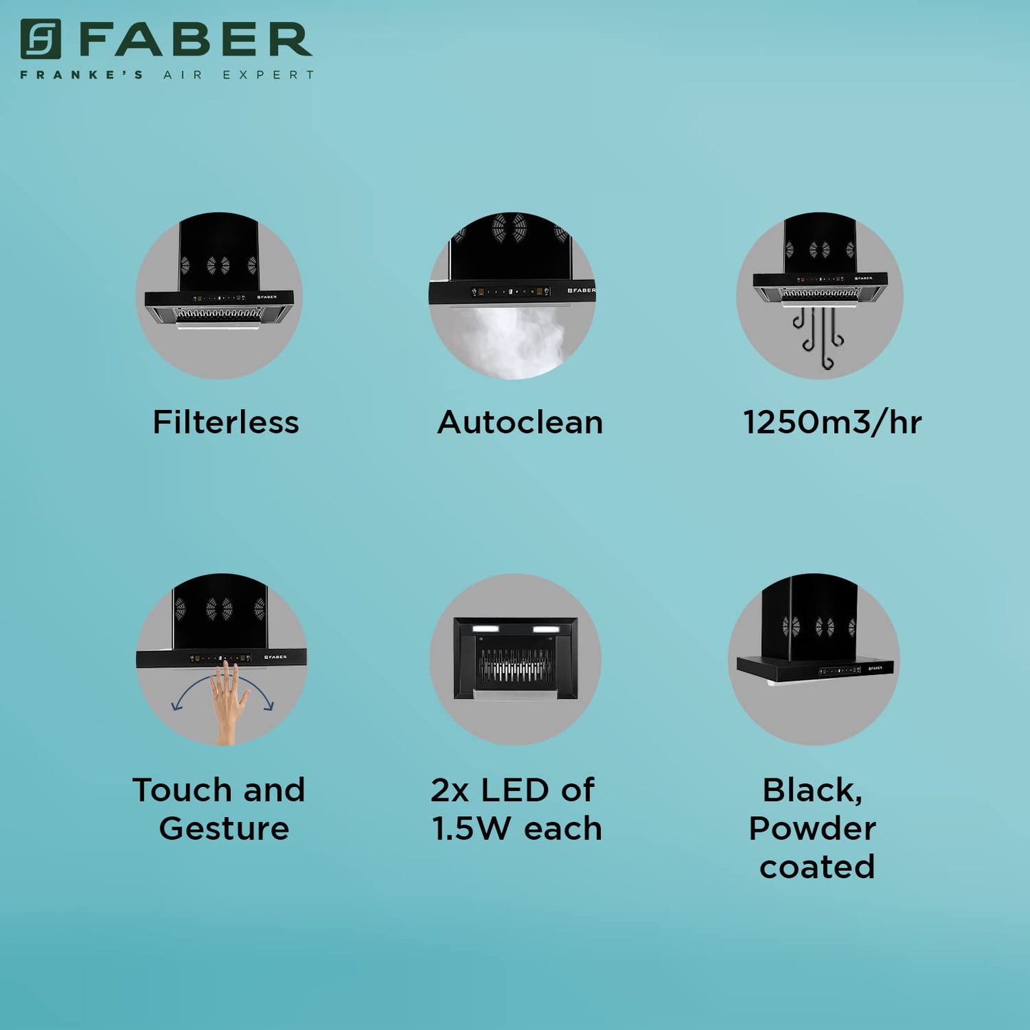 Faber 60 cm 6 way Silent Suction,1250 m³/hr Auto-Clean Kitchen Chimney (HOOD BONITO 3D IND HC SC FL BK 60, Filterless technology, Touch & Gesture Control, Black)