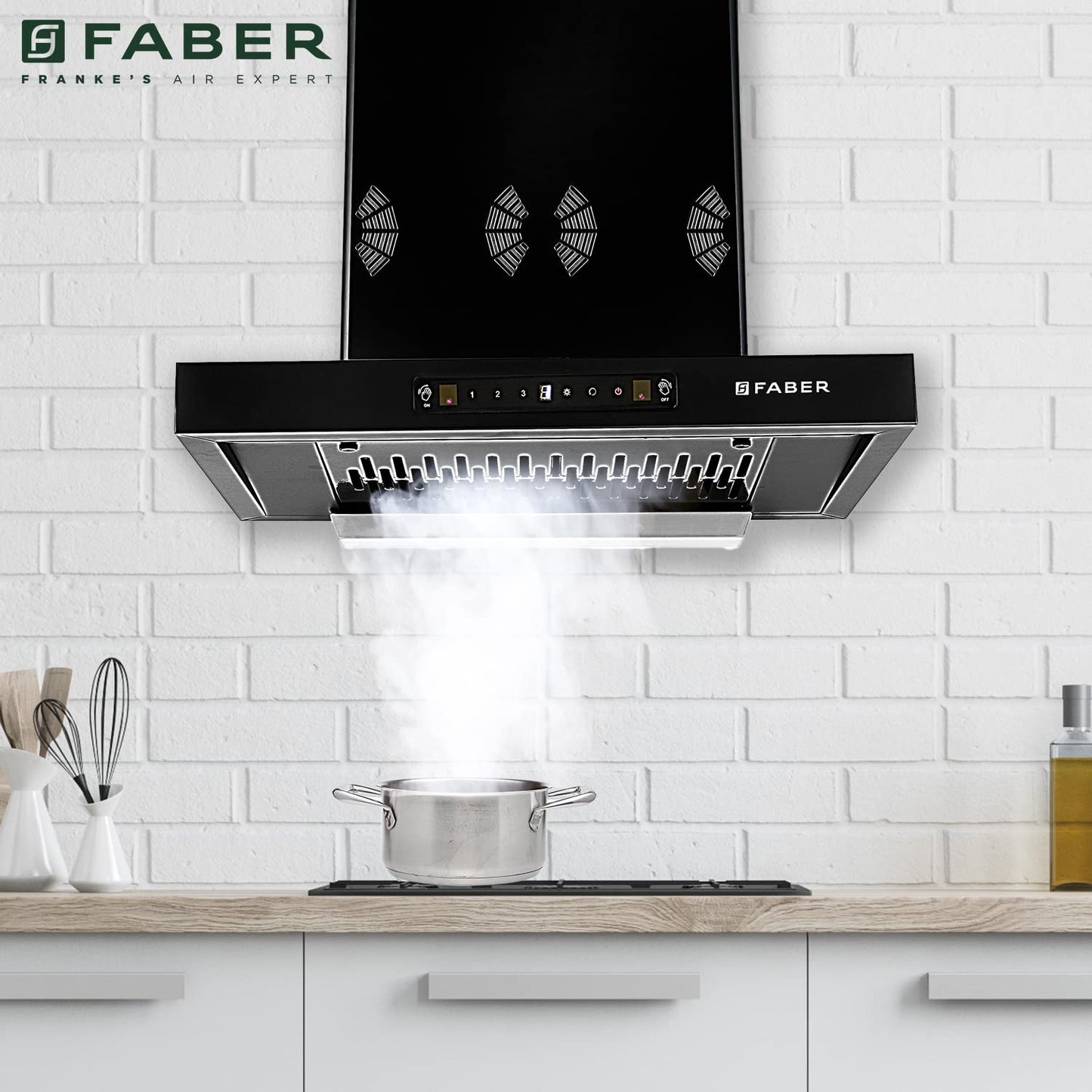 Faber 60 cm 6 way Silent Suction,1250 m³/hr Auto-Clean Kitchen Chimney (HOOD BONITO 3D IND HC SC FL BK 60, Filterless technology, Touch & Gesture Control, Black)