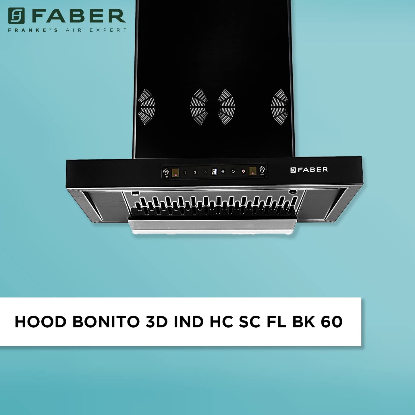 Faber 60 cm 6 way Silent Suction,1250 m³/hr Auto-Clean Kitchen Chimney (HOOD BONITO 3D IND HC SC FL BK 60, Filterless technology, Touch & Gesture Control, Black)